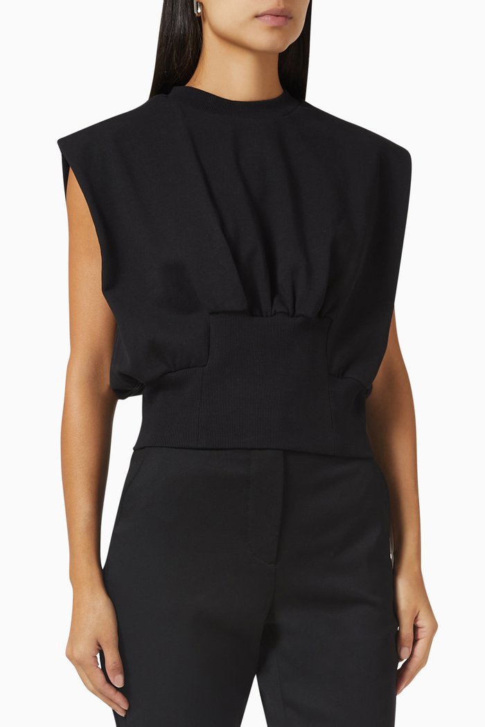 

Padded Shoulder Crop Top in Cotton, Black