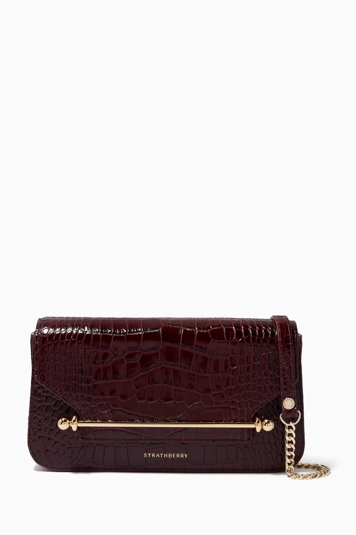 

East/ West Baguette Clutch Bag in Croc-embossed Leather, Burgundy