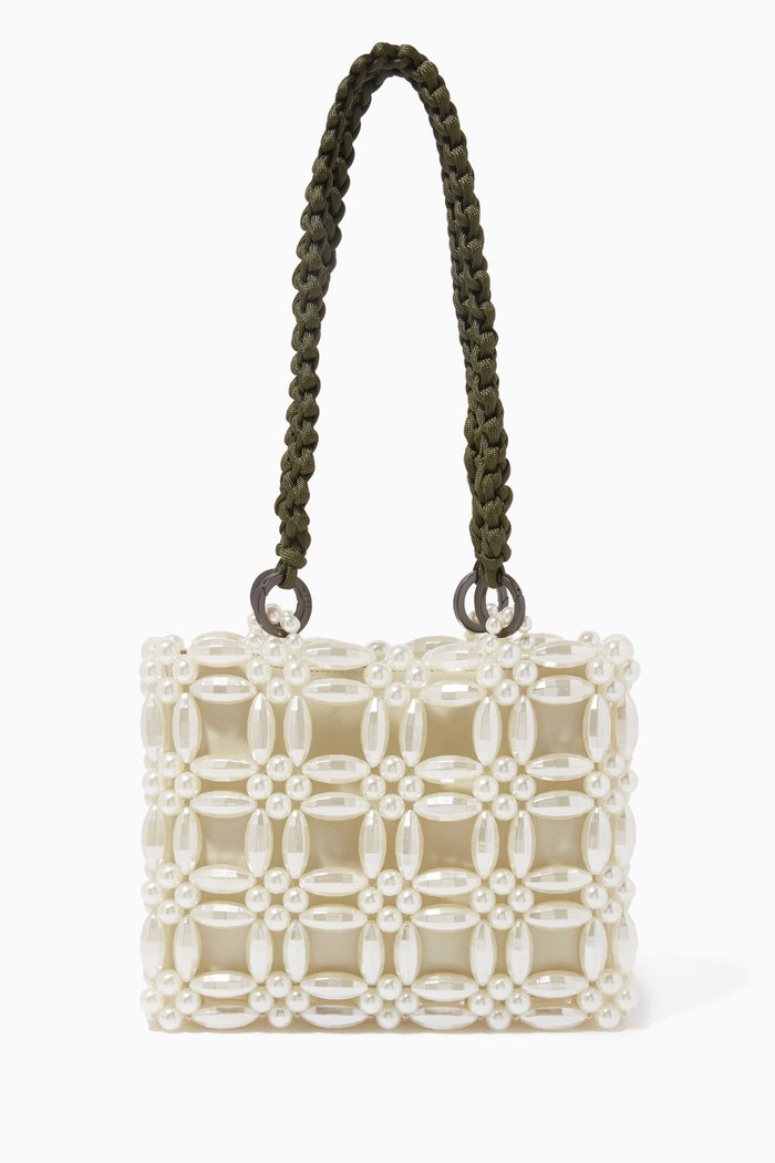 Marisha Beaded Tote Bag in Acrylic and Vegan Leather, Neutral