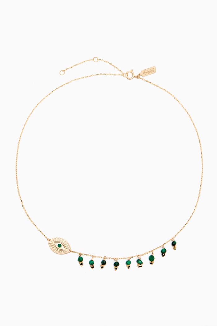 

One Side Dangling Evil Eye Malachite Necklace in 18kt Yellow Gold