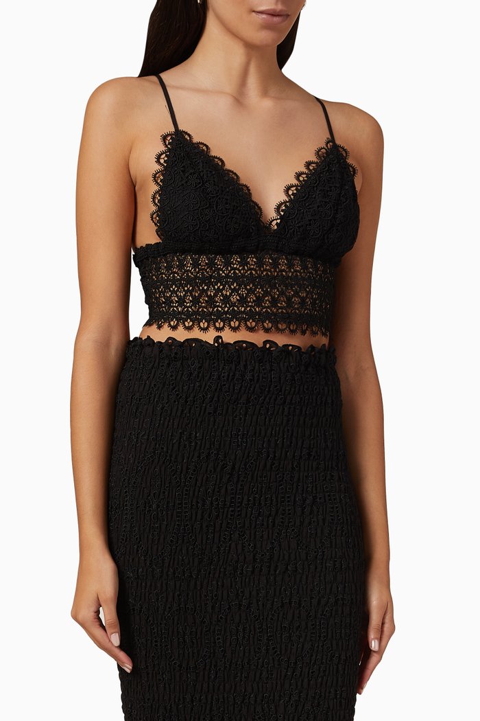 

Delia Lace-trimmed Crop Top in Cotton-blend, Black