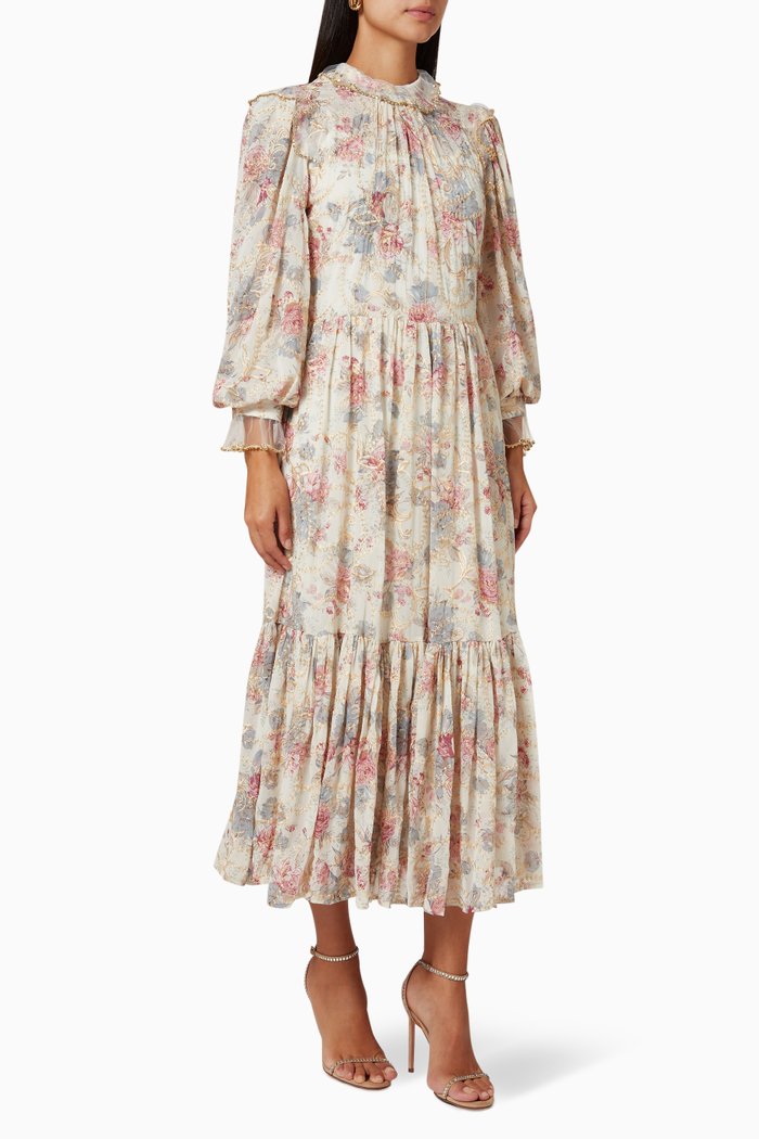 Floral Midi Dress in Crepe, Neutral