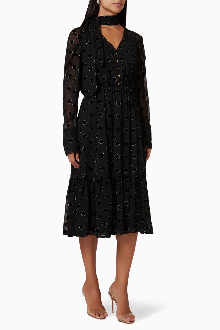 

Embellished Polka Dot Midi Dress in Chiffon, Black
