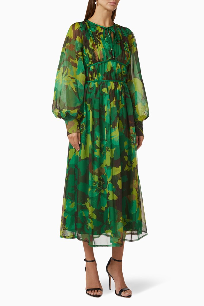 

Printed Midi Dress in Chiffon, Green