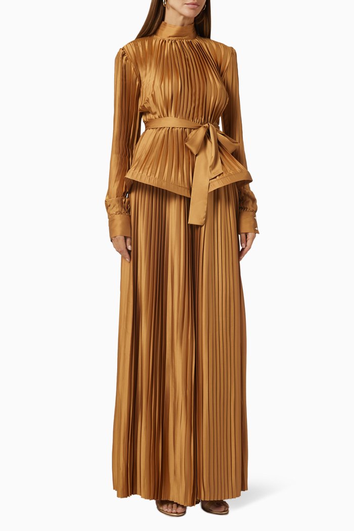 Pleated Blouse & Pant Set in Crepe, Brown