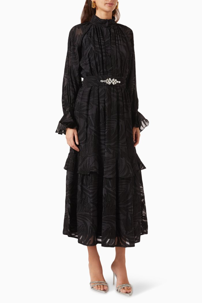 

Printed Midi Dress in Crepe, Black