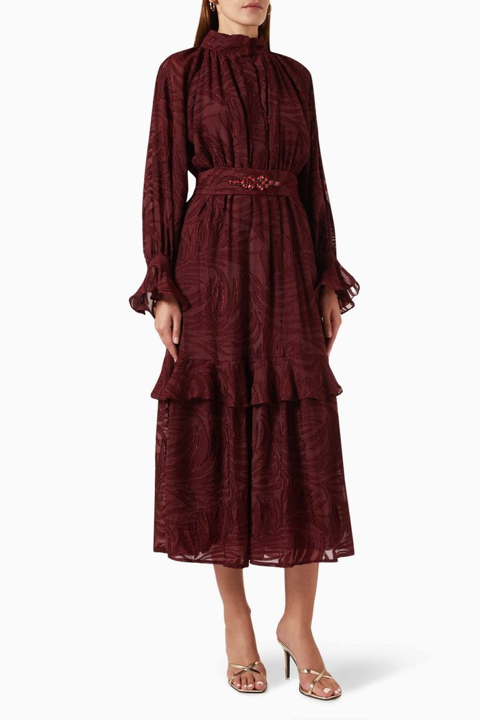 

Printed Midi Dress in Crepe, Burgundy