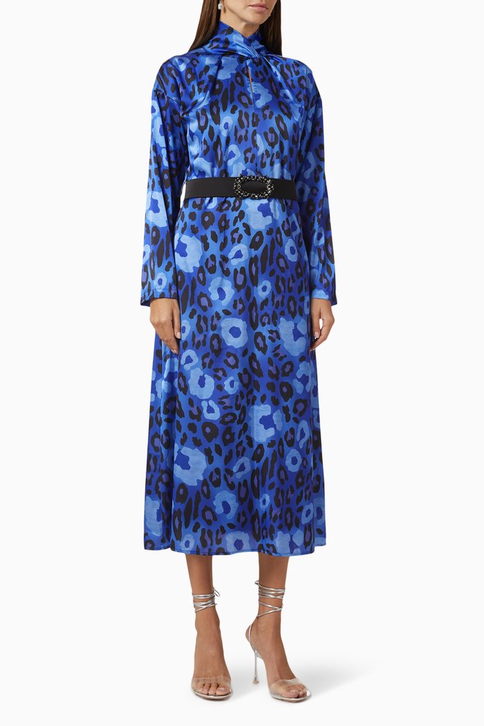 

Leopard Print Midi Dress in Crepe, Blue