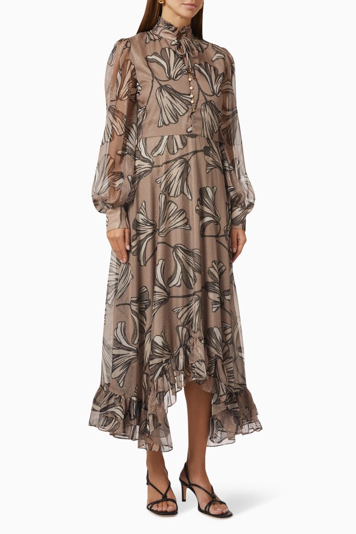 

Floral Midi Dress in Chiffon, Neutral