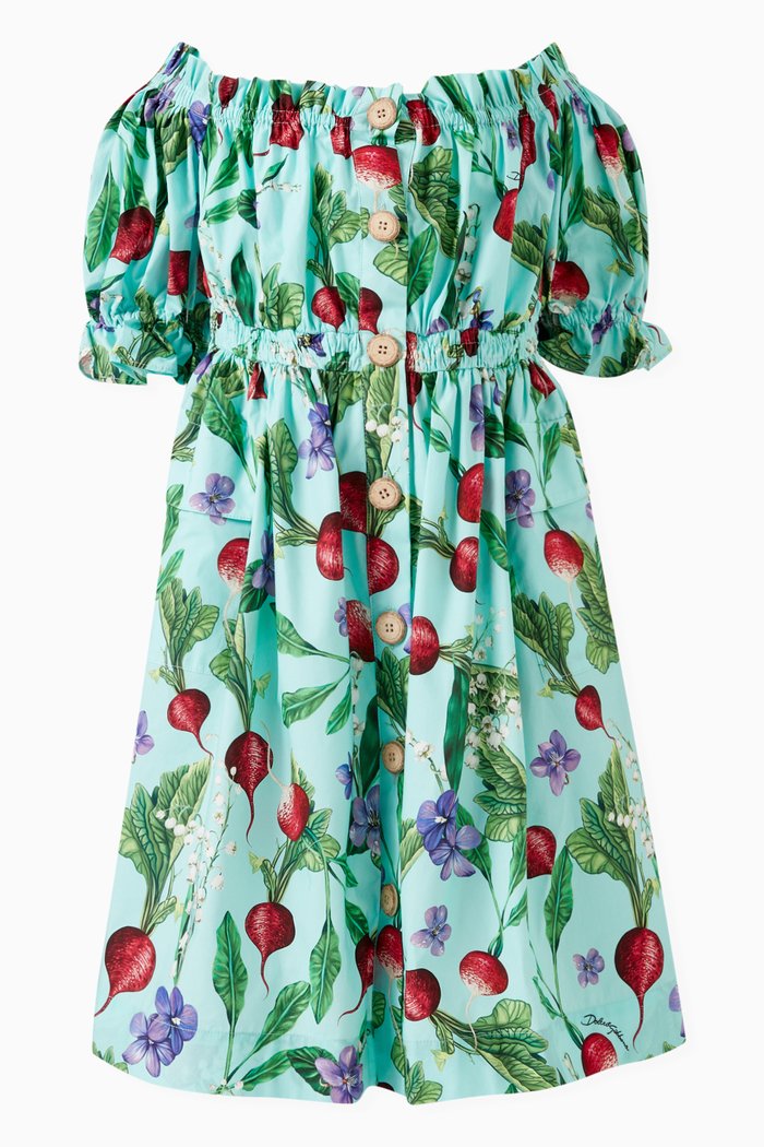 Floral & Radish Print Dress in Cotton, Blue