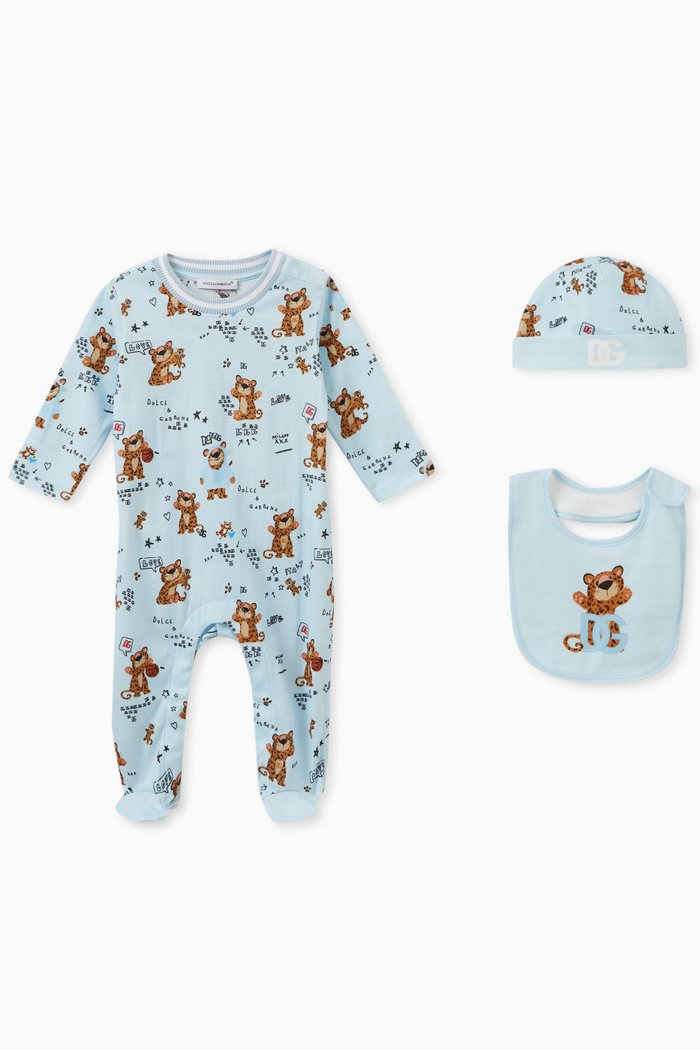

DG Tiger Print Romper, Hat and Bib in Cotton, Set of Three, Blue