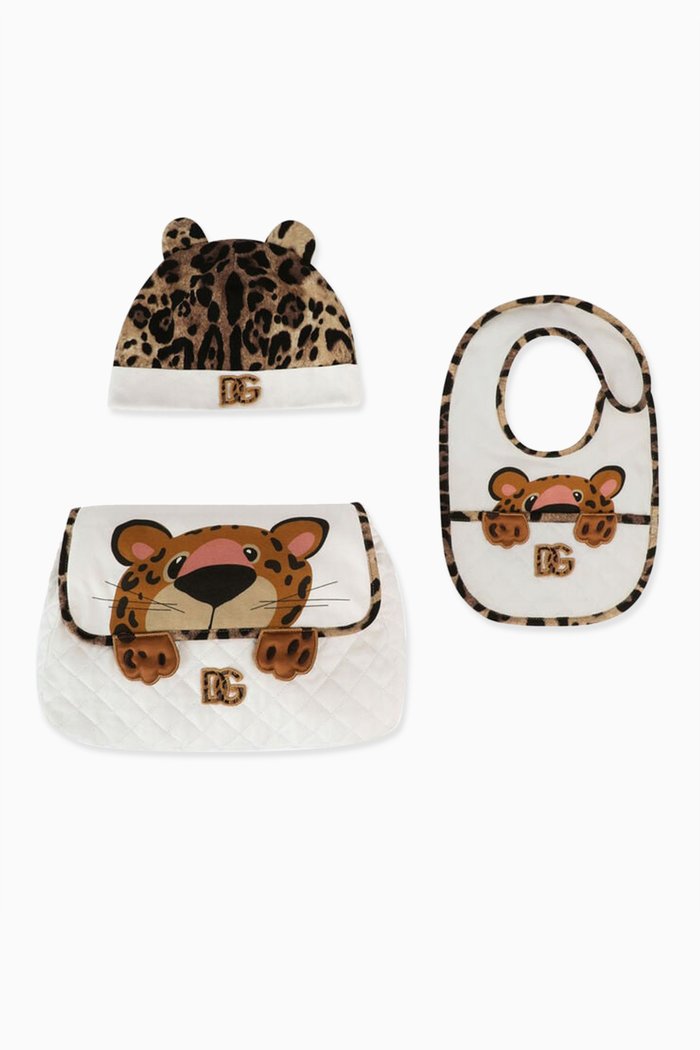 Leopard Print Pouch, Hat & Bib Set in Cotton, White