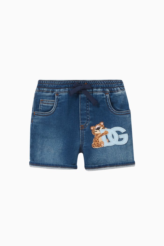 

Leopard Logo Denim Shorts in Cotton, Blue