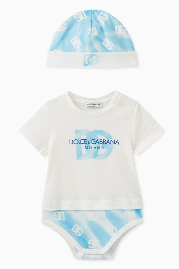 

Monogram Tie Dye Bodysuit & Hat Set in Cotton, Blue