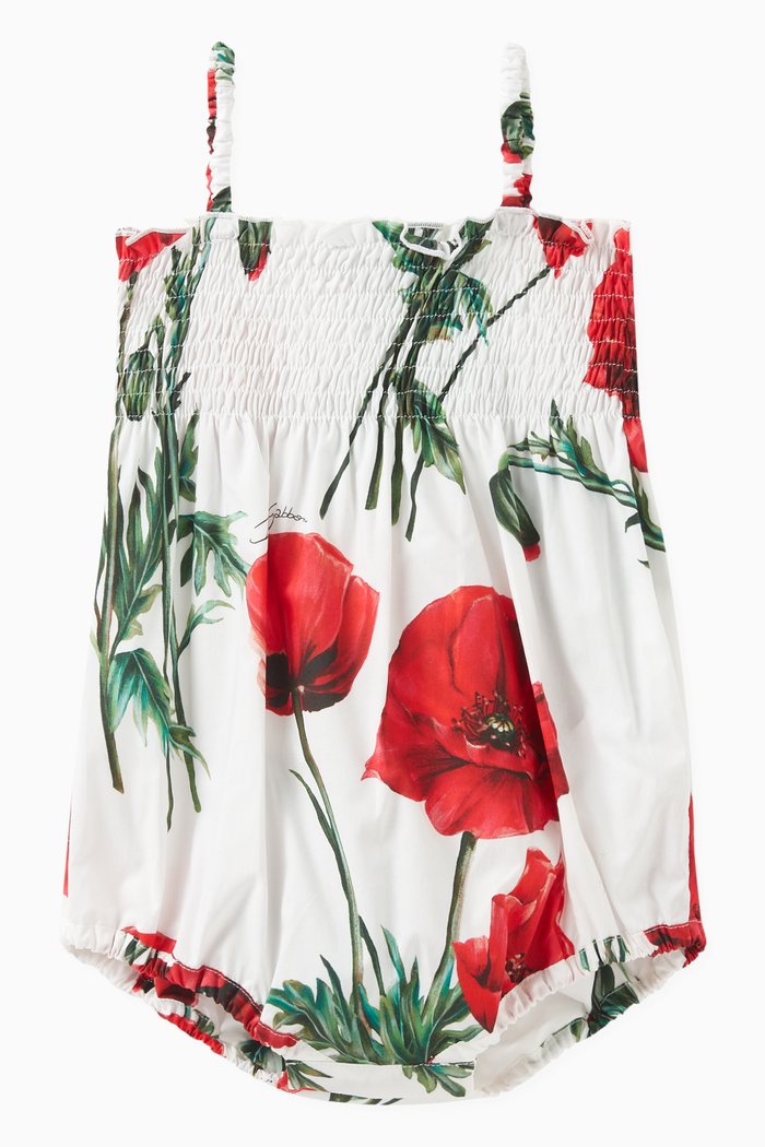 

Happy Garden Poppy Print Romper in Cotton Poplin, Red