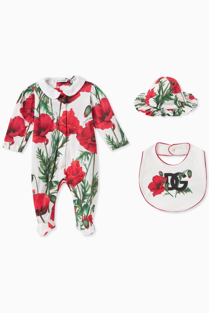 

Poppy Print Romper, Hat & Bib Set in Cotton, Red