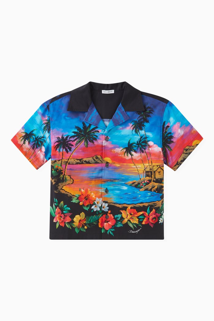 

Hawaiian-print Shirt in Cotton Poplin, Multicolour