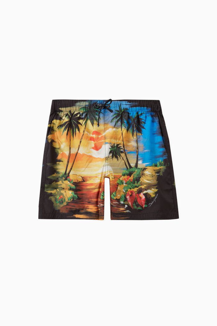 Hawaiian Print Swim Shorts in Nylon, Multicolour