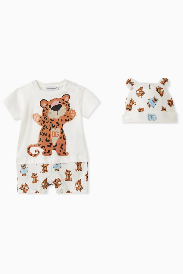 Leopard Print Onesie & Hat Set in Cotton Jersey, White