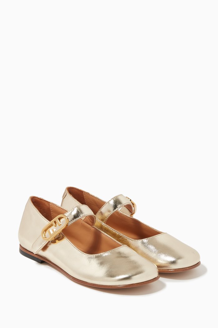 

FF Ballerina Shoes in Metallic Leather, Gold