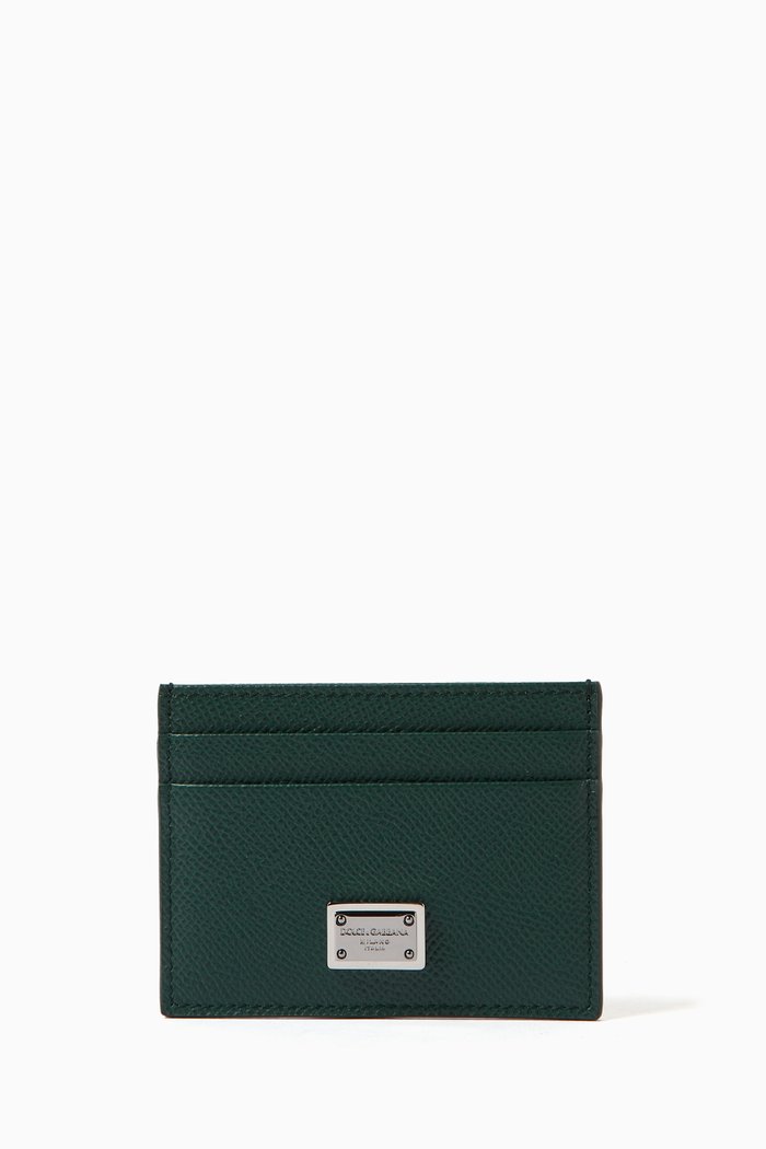 

Logo Plaque Cardholder in Calf Leather, Green