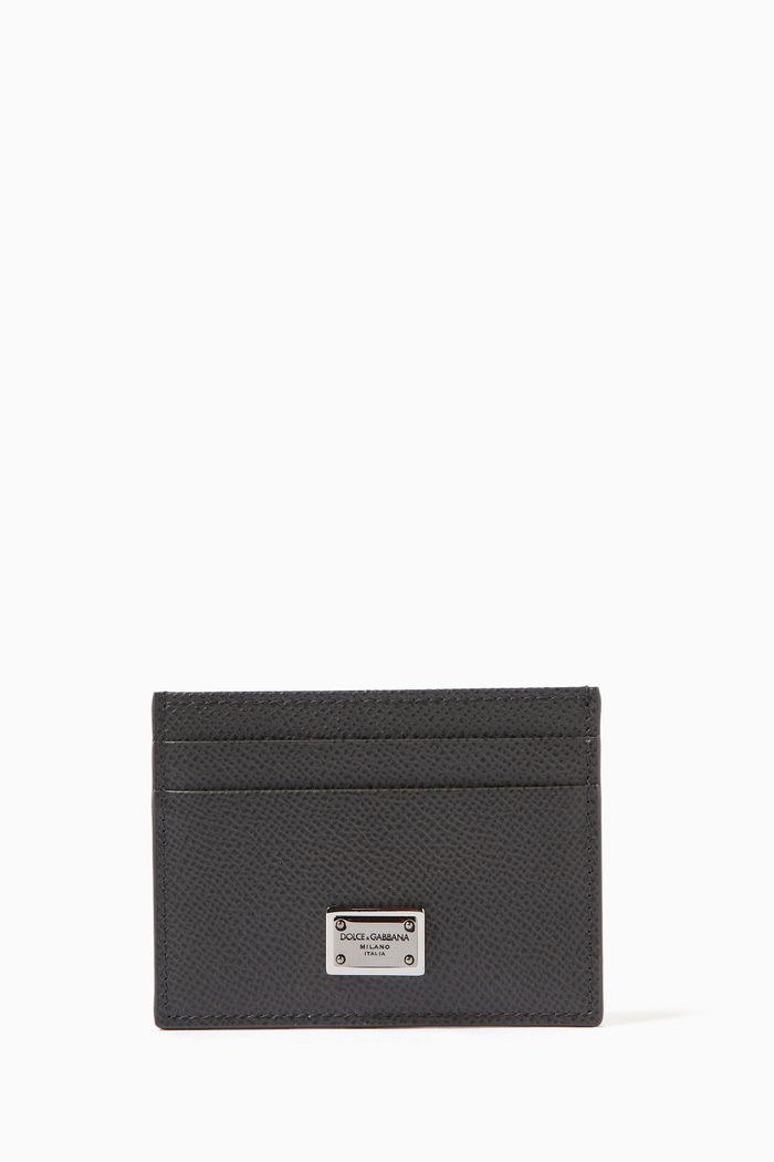 

Logo Plaque Cardholder in Calf Leather, Grey