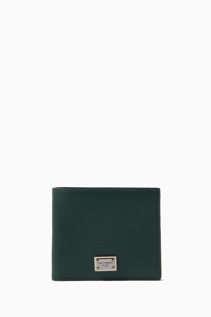 

Logo Plaque Bifold Wallet in Leather, Green