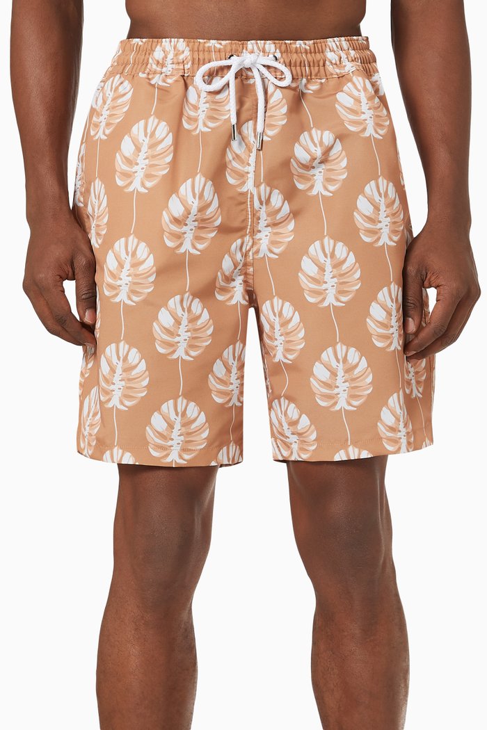 

Leaf Print Board Swim Shorts in Nylon, Neutral