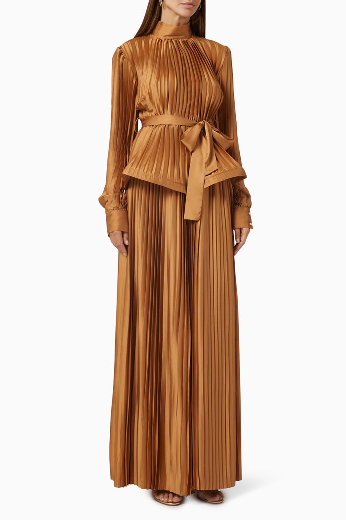 

Pleated Top & Pants Set in Satin, Brown