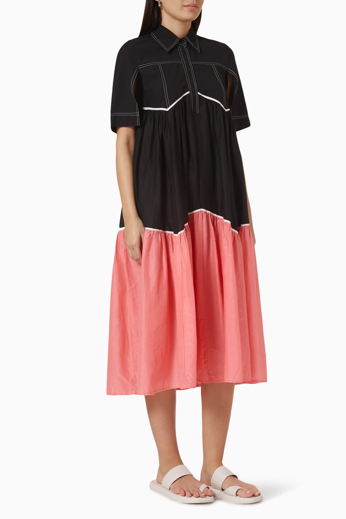 

W Tier Dress in Cotton Blend, Black