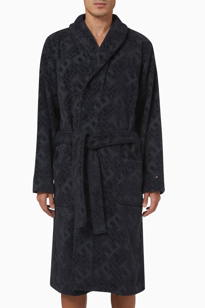 

Monogram Jacquard Bathrobe in Cotton Blend Towelling, Blue