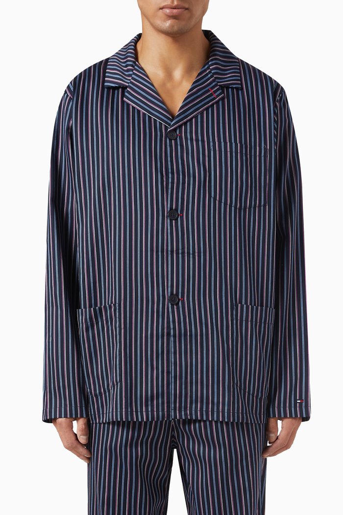 Striped Pyjama Shirt in Satin, Blue