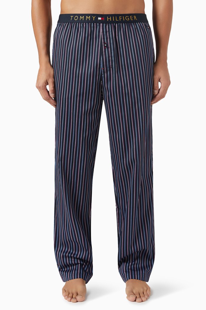 

Logo Waistband Striped Pants in Satin, Blue