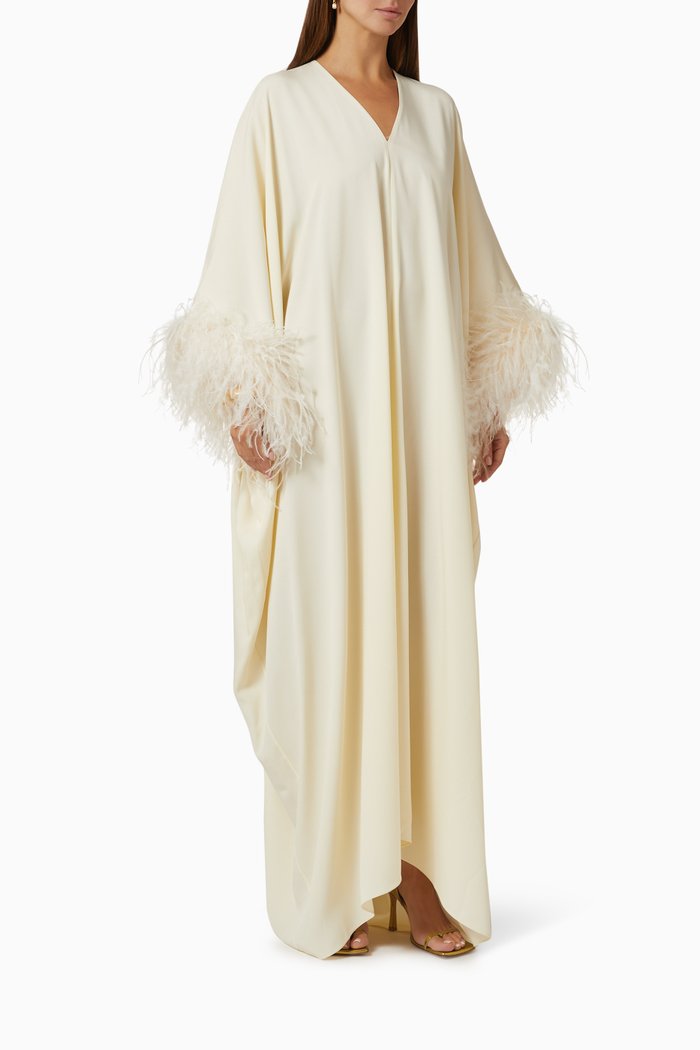 

Gala Feather Trimmed Kaftan in Crêpe, White