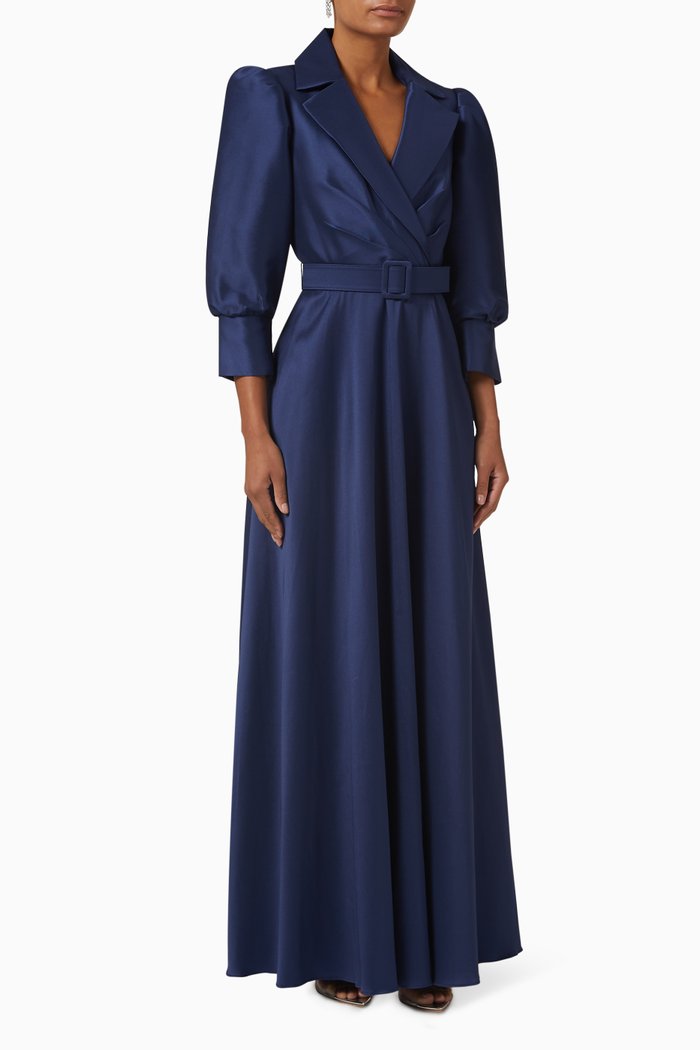 

Belted Collar Gown in Stretch-mikado, Blue
