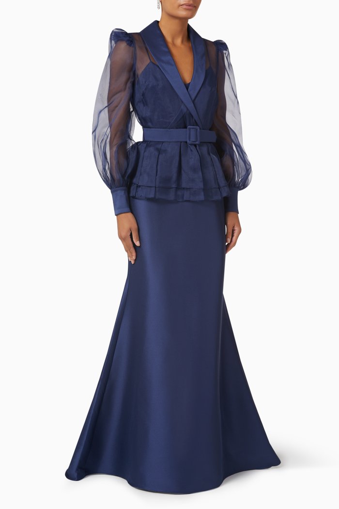 

Puff-sleeved Peplum Gown in Organza & Stretch Mikado, Blue
