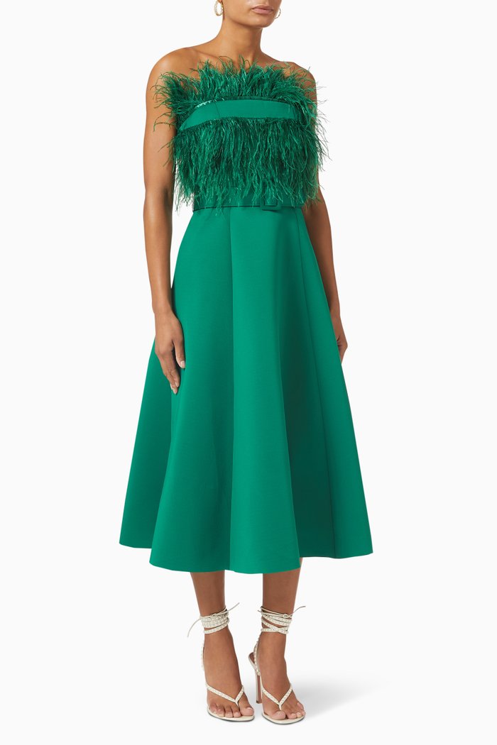 Feather Top Midi Dress in Scuba Fabric, Green