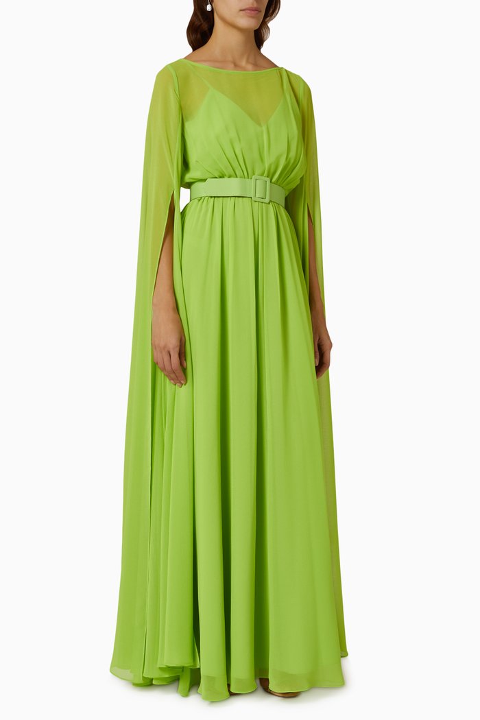 Belted Cape Evening Gown in Georgette, Green