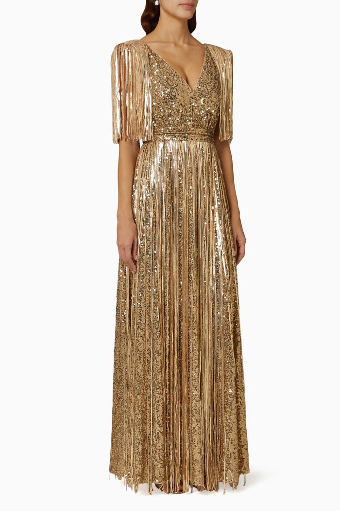 

Fringed Evening Gown in Sequins, Gold