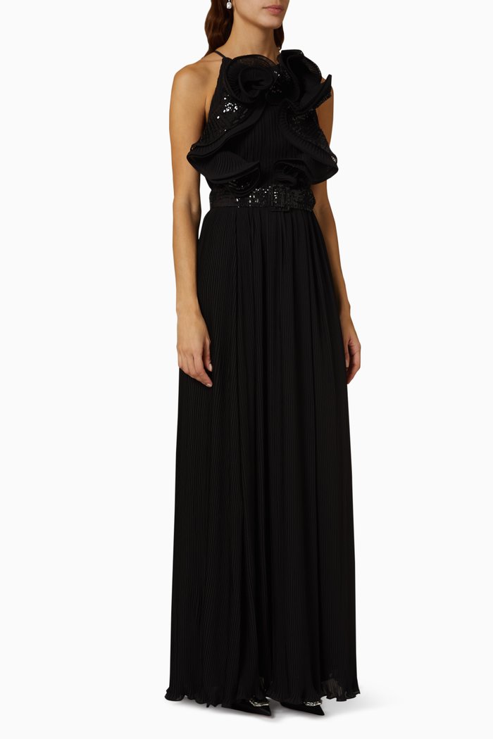 

Pleated Evening Gown in Georgette & Sequins, Black