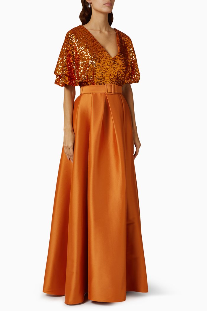 

Belted Evening Gown in Sequins & Mikado, Orange