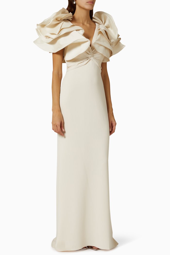 

Ruffle Column Gown in Mikado, Neutral