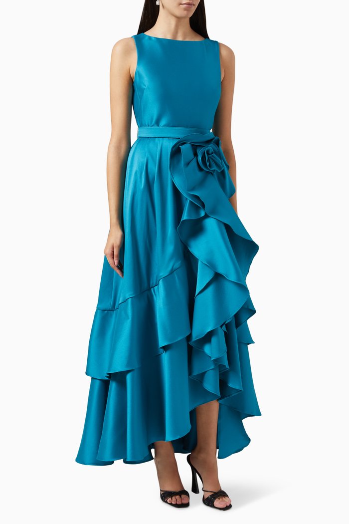 

Cascading Ruffle Gown in Mikado, Blue