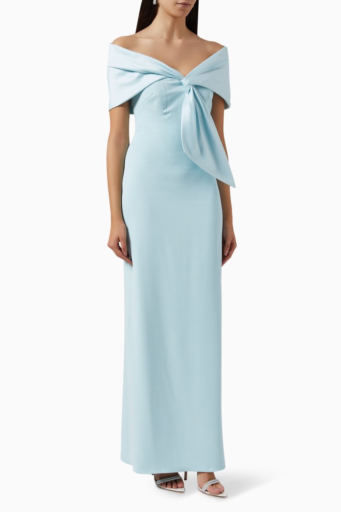 

Off Shoulder Column Gown in Stretch Crepe, Blue