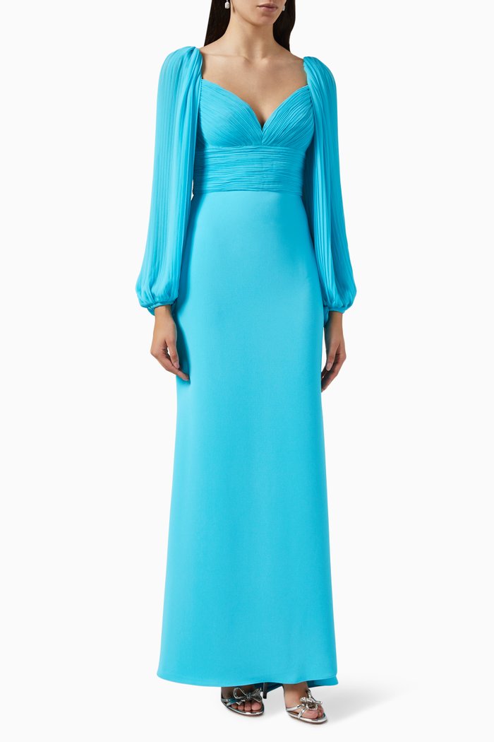 

Pleated Bodice Evening Gown in Chiffon, Blue