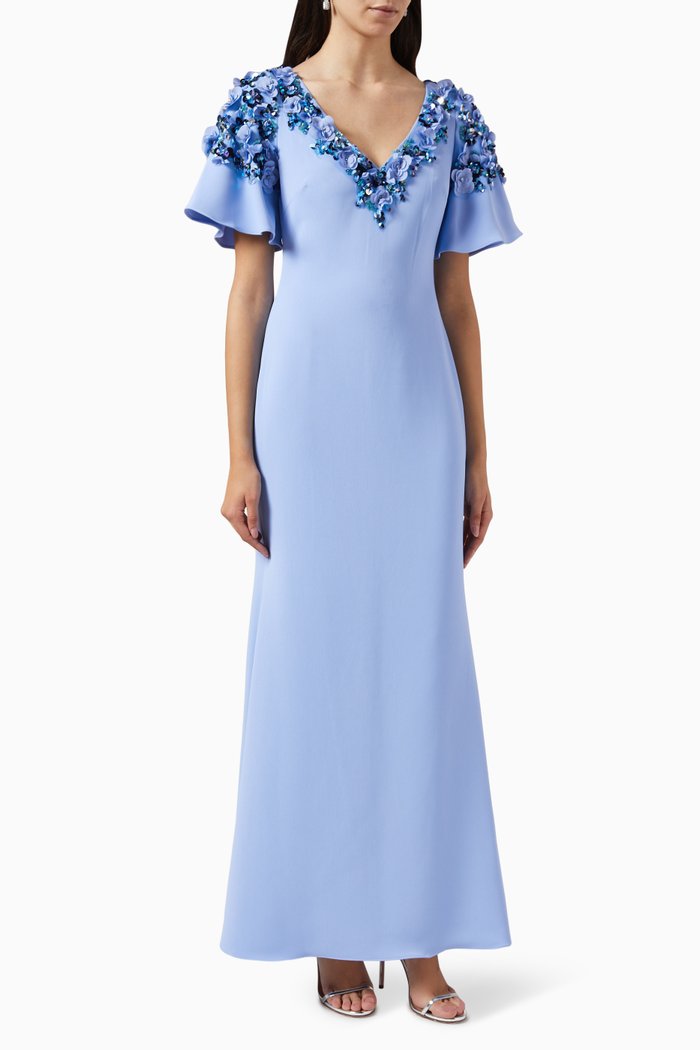 

Floral Motif Beaded Gown in Stretch Crepe, Blue