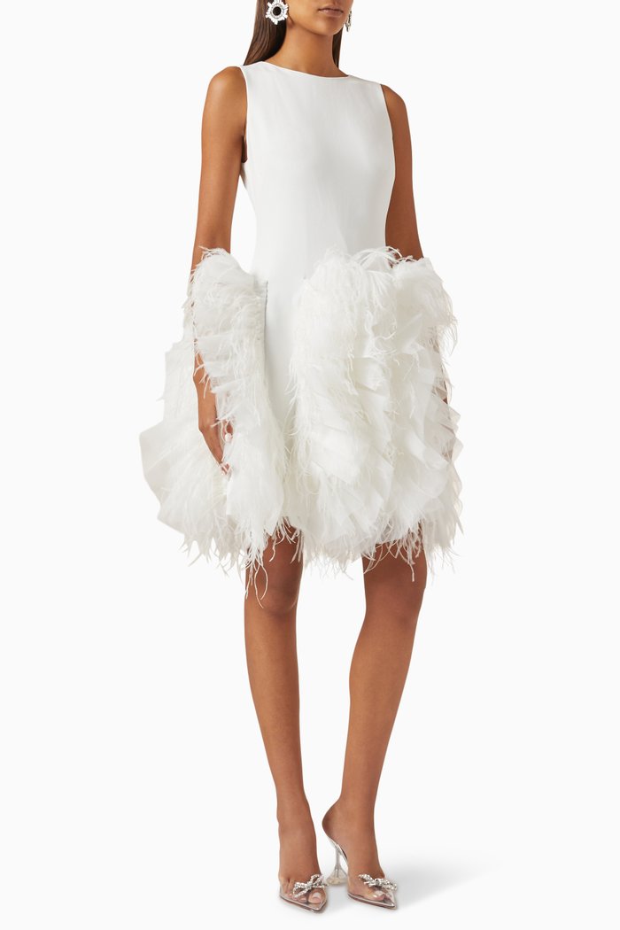 

Feather-trimmed Mini Dress in Stretch-crepe & Tulle, White