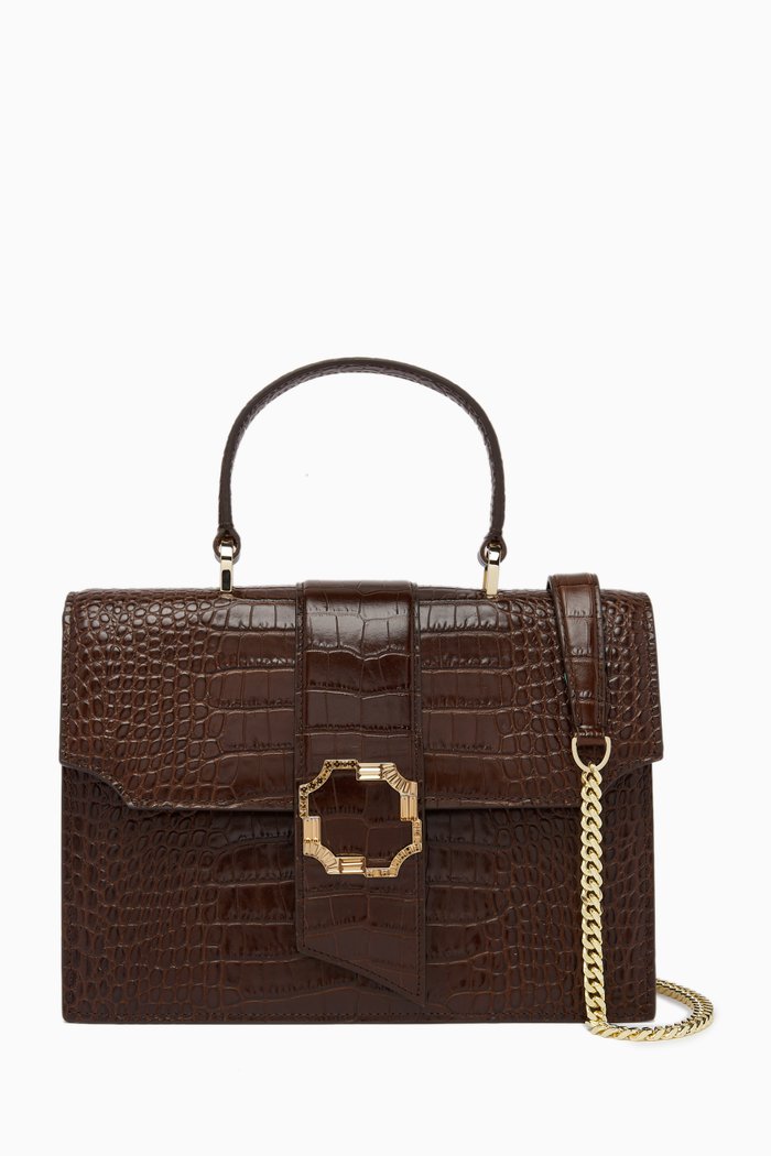 

Audrey Square Handbag in Croc-embossed Leather, Brown