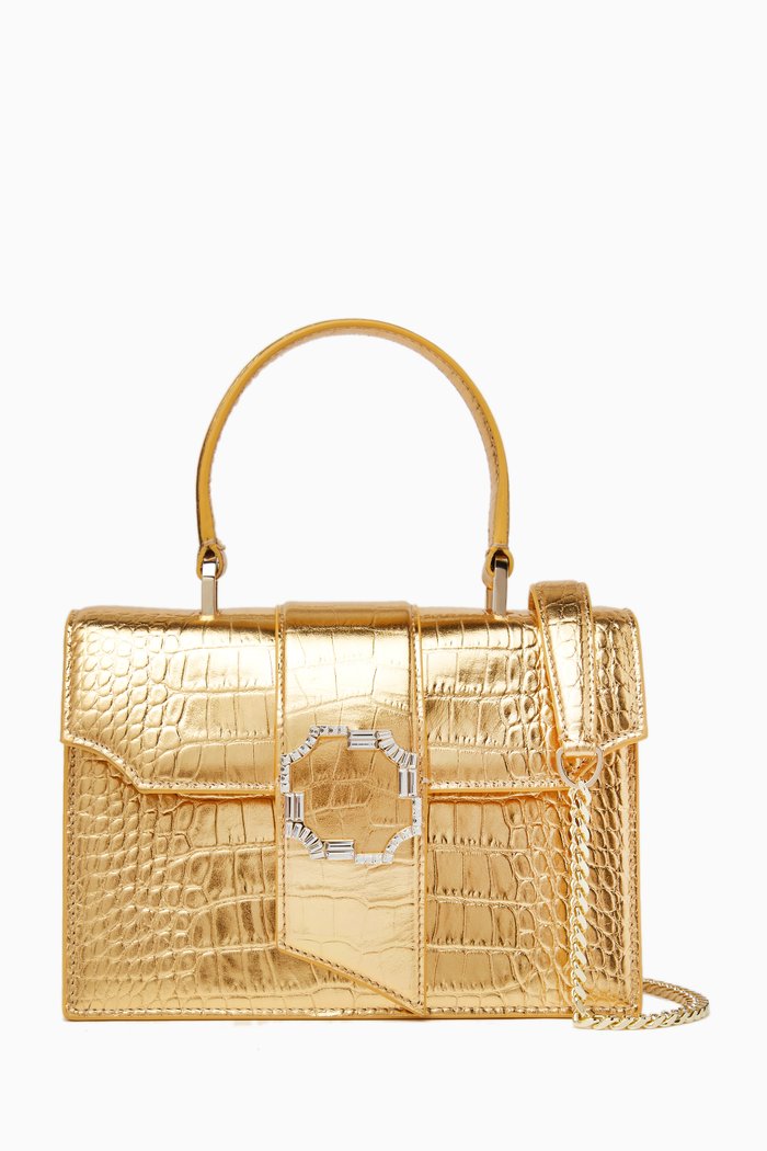 

Audrey Square Handbag in Croc-embossed Leather, Gold