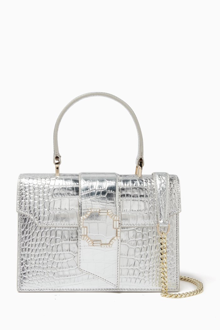 

Audrey Square Handbag in Croc-embossed Leather, Silver